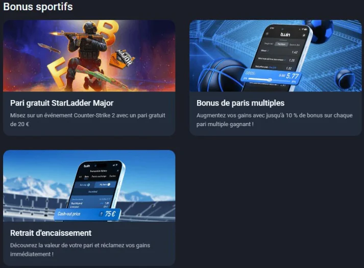 Promotions sportives Twin Casino avec paris gratuits, bonus sur les combinés et option de cashout