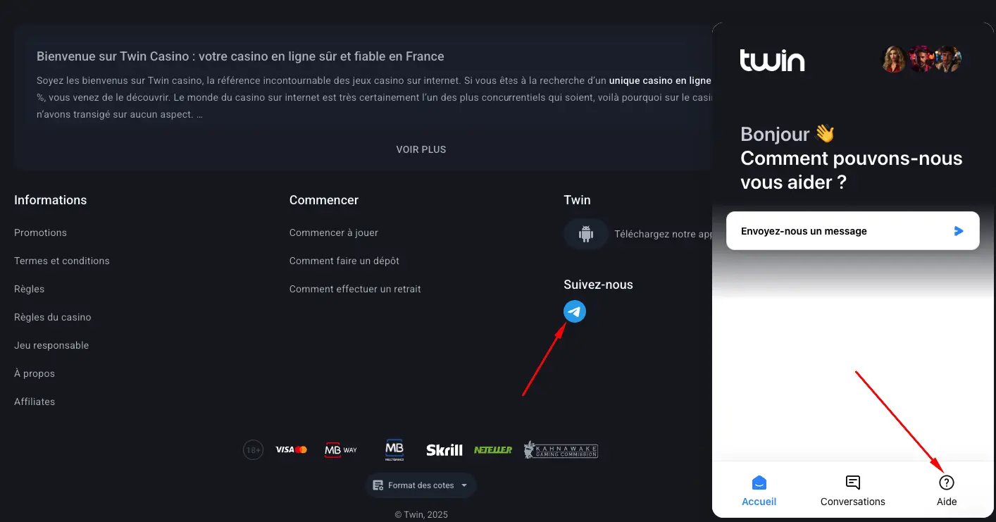 Service client Twin Casino - Assistance joueurs disponible 24/7