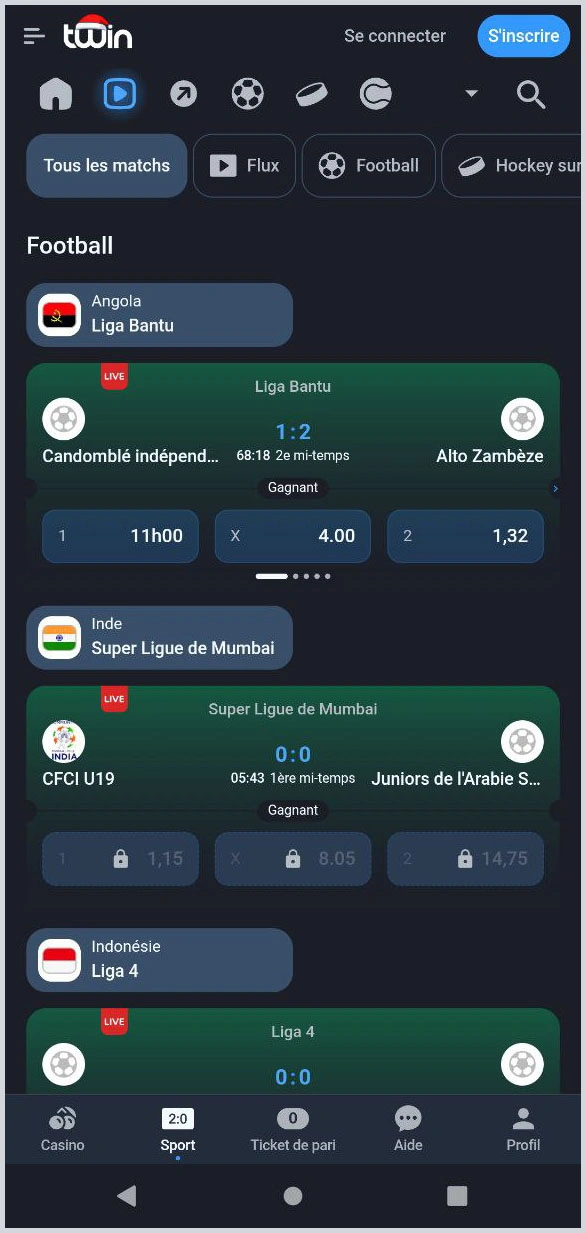 Live betting sportif Twin Casino